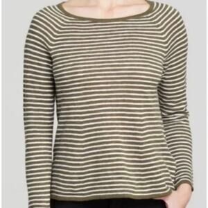 Eileen Fisher Striped Sweater Womens L Olive Green Organic Linen Cotton Boatneck